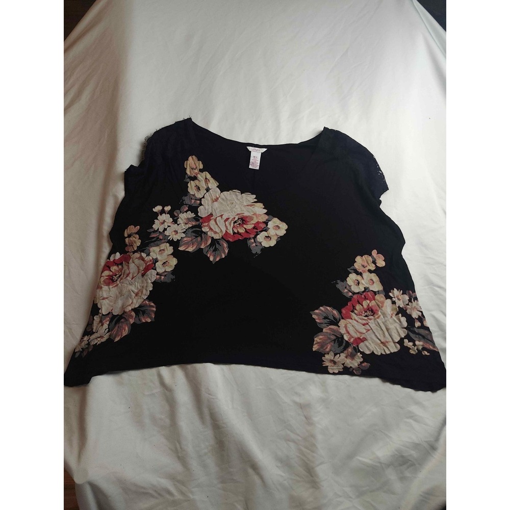 Candies Womens Black Floral Short Sleeve Lace Trim Top Size M-L